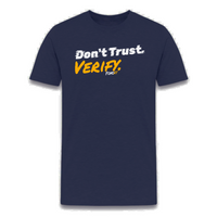 Load image into Gallery viewer, Bitcoin-themed Don&#39;t Trust Verify graphic tee in navy blue, ideal for crypto enthusiasts.
