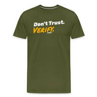 Load image into Gallery viewer, Olive green Don&#39;t Trust Verify Bitcoin t-shirt with bold text design for blockchain supporters.
