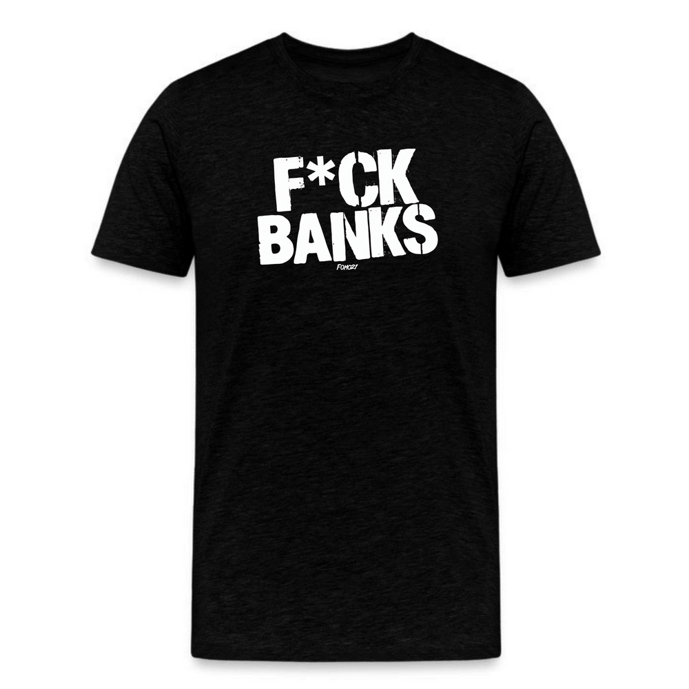 black graphic tee with bold white “f*ck banks” slogan for bitcoin and crypto supporters