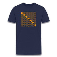 Load image into Gallery viewer, FOMO21 Bitcoin Reverb T-Shirt in Heather Navy with Bitcoin pattern design
