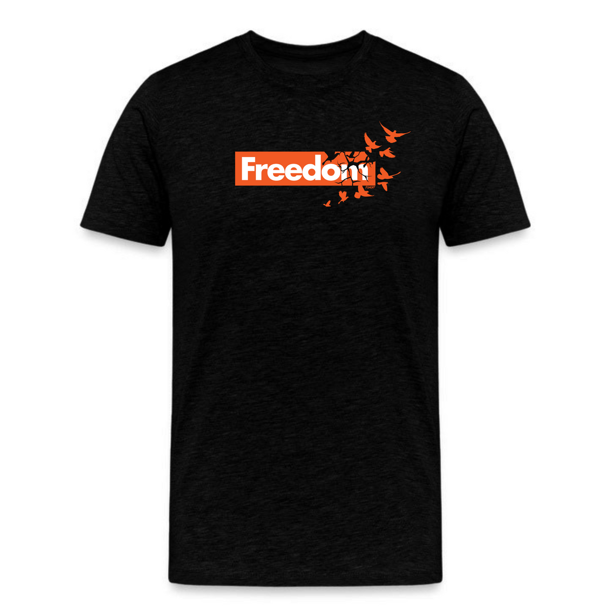 Black Freedom T-shirt with orange birds graphic and bold white text design by FOMO21