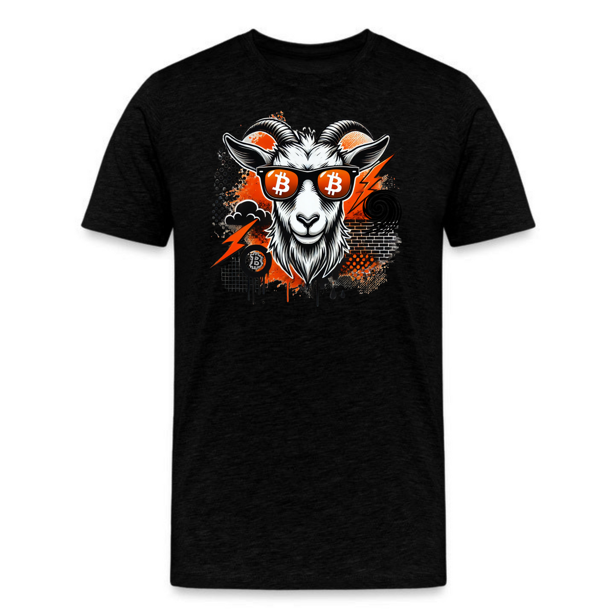 black heather goat bitcoin t-shirt featuring edgy crypto design and bitcoin shades