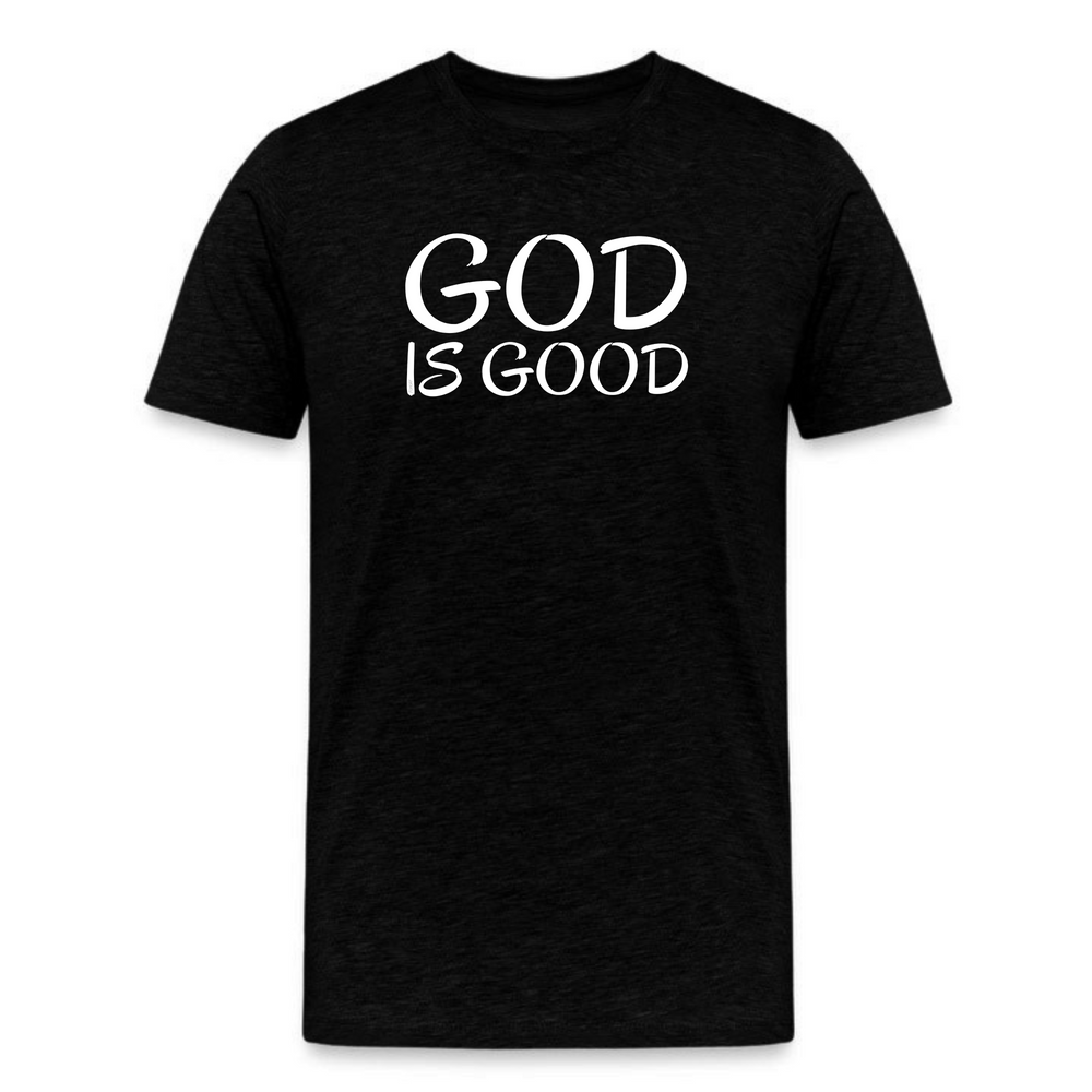 black christian t-shirt with “god is good” faith message in bold white text