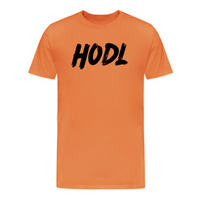 Load image into Gallery viewer, Burnt orange bitcoin HODL t-shirt with bold brushstroke lettering for crypto enthusiasts
