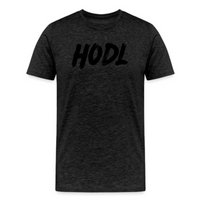 Load image into Gallery viewer, Dark grey heather HODL bitcoin t-shirt with bold brushstroke graphic, ideal for crypto traders
