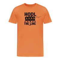 Load image into Gallery viewer, burnt orange hodl the line bitcoin warrior t-shirt with bitcoin shields and bold typography

