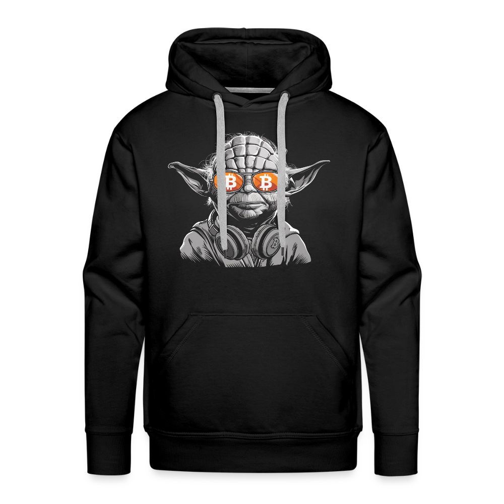 Black hoodie featuring a graphic of a Yoda-inspired character with Bitcoin glasses and headphones, ideal for crypto enthusiasts.