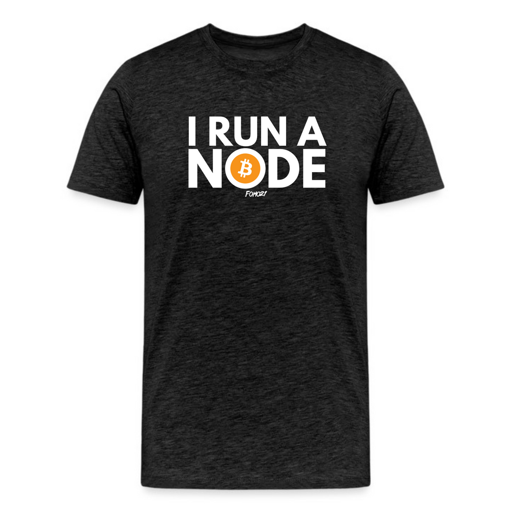 dark grey heather bitcoin t-shirt with "i run a node" text and bitcoin logo for crypto enthusiasts