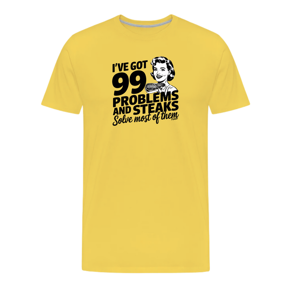 I've Got 99 Problems and Steaks Solve Most of Them Carnivore T-Shirt in yellow color, unisex design, short sleeve