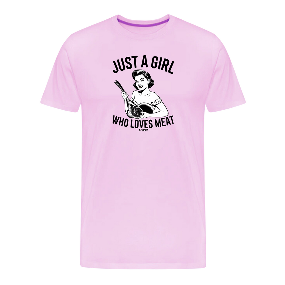 Just a Girl Who Loves Meat Carnivore T-Shirt in heather prism lilac color, unisex design, short sleeve.