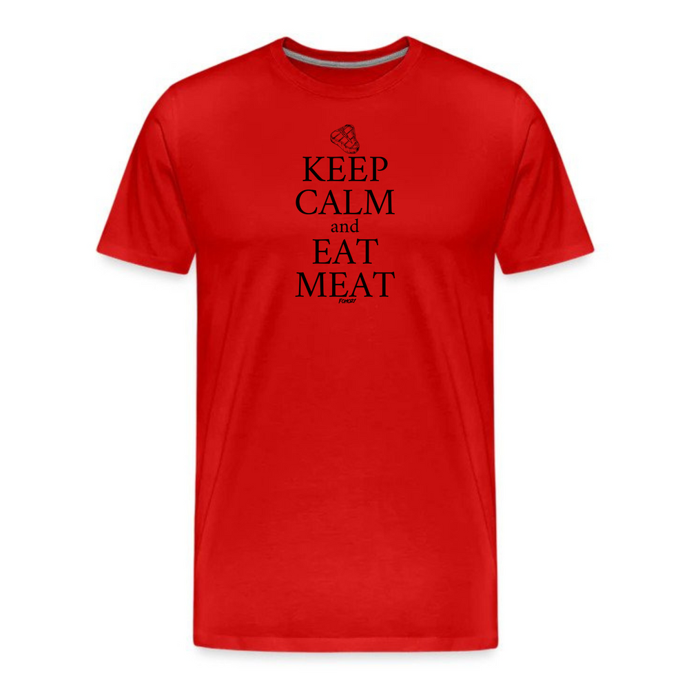 Keep Calm and Eat Meat Carnivore T-Shirt in red color, unisex design, short sleeve