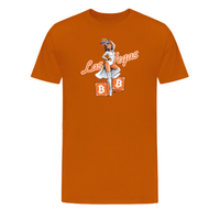 Load image into Gallery viewer, Autumn orange t-shirt with &quot;Las Vegas Bitcoin Showgirl 2025&quot; design
