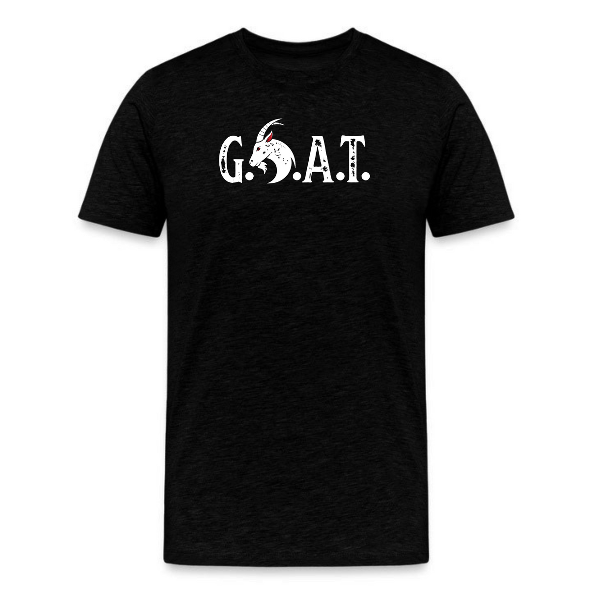 black t-shirt with white distressed legendary G.O.A.T. graphic and goat head logo on front