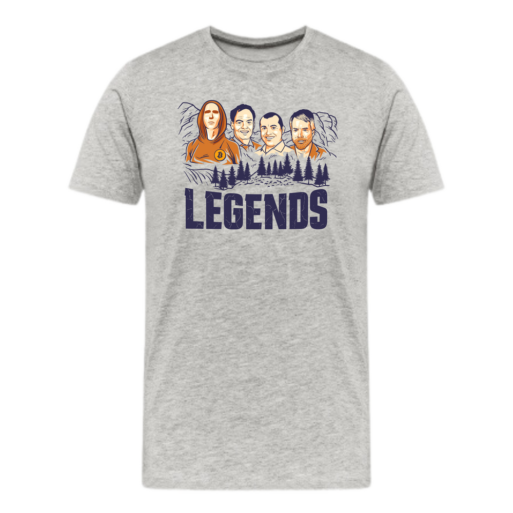 Legends of Bitcoin T-shirt in athletic heather gray, featuring illustrated portraits of Bitcoin pioneers with "Legends" text and forest graphics.