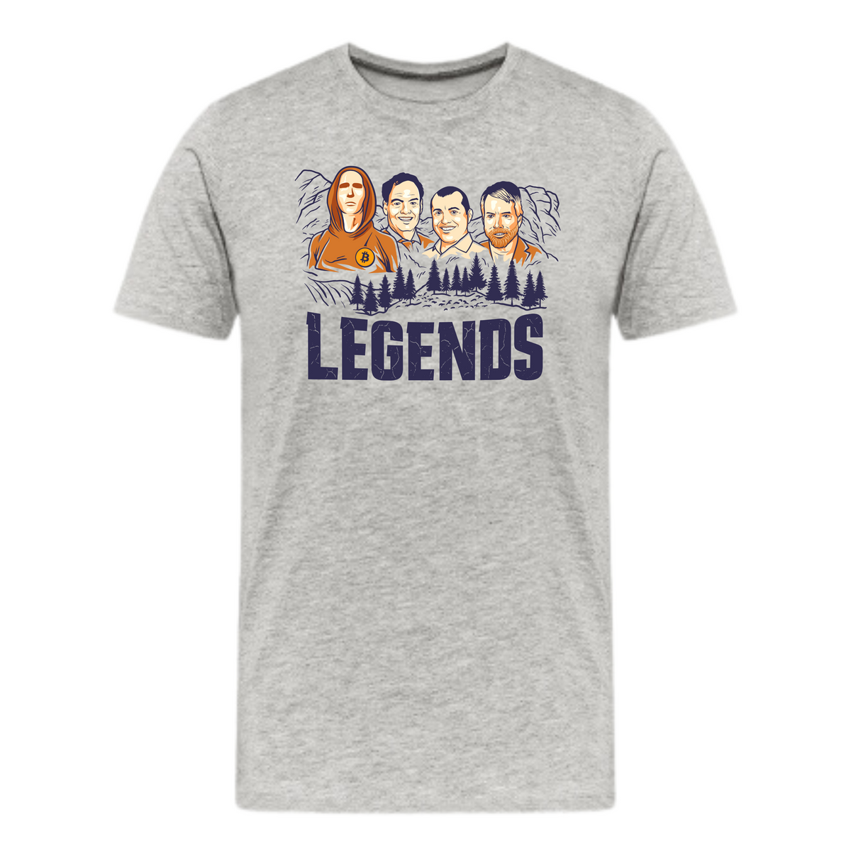 Legends of Bitcoin T-shirt in athletic heather gray, featuring illustrated portraits of Bitcoin pioneers with "Legends" text and forest graphics.