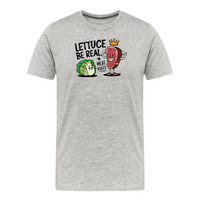 Load image into Gallery viewer, Lettuce Be Real Meat Rules Carnivore T-Shirt in athletic heather grey color, unisex design, short sleeve.
