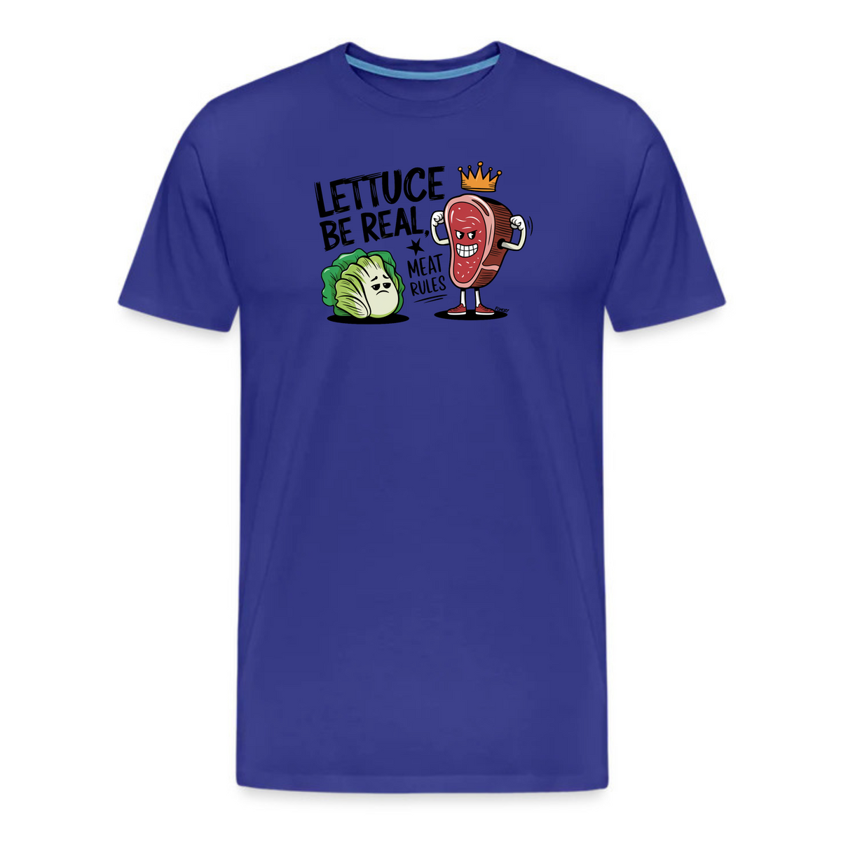 Lettuce Be Real Meat Rules Carnivore T-Shirt in true royal blue color, unisex design, short sleeve.