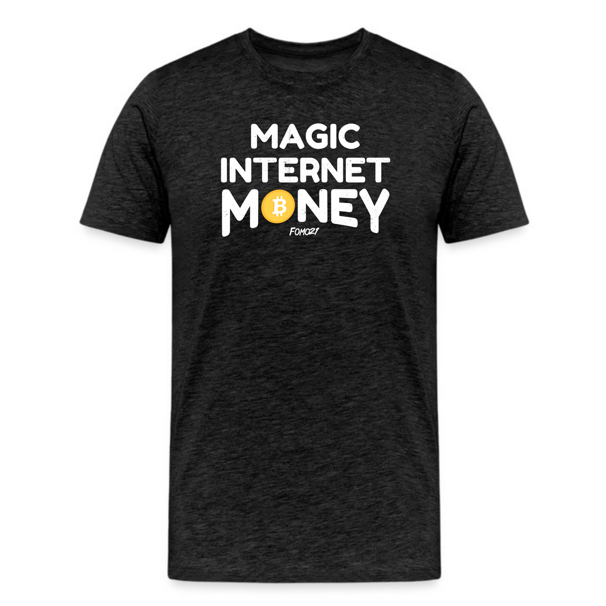 dark heather grey bitcoin t-shirt with magic internet money text and white bold lettering