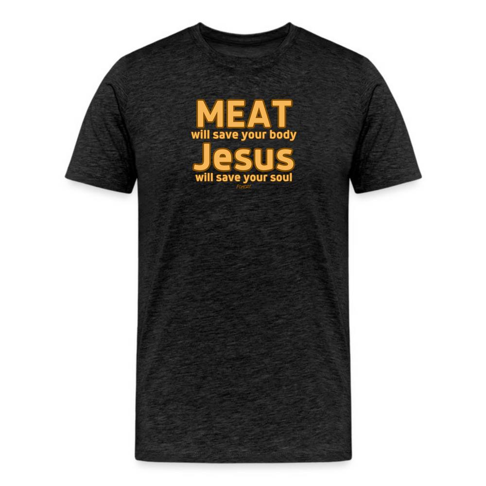 Meat Will Save Your Body Jesus Will Save Your Soul Carnivore T-Shirt in dark grey heather color, unisex design, short sleeve.