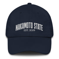 Load image into Gallery viewer, Nakamoto State Est. 2009 (White Embroidery) Bitcoin Dad Hat-fomo21
