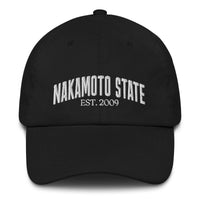 Load image into Gallery viewer, Nakamoto State Est. 2009 (White Embroidery) Bitcoin Dad Hat-fomo21
