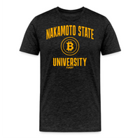 Load image into Gallery viewer, Nakamoto State University Bitcoin T-Shirt in Yellow on Dark Grey Heather
