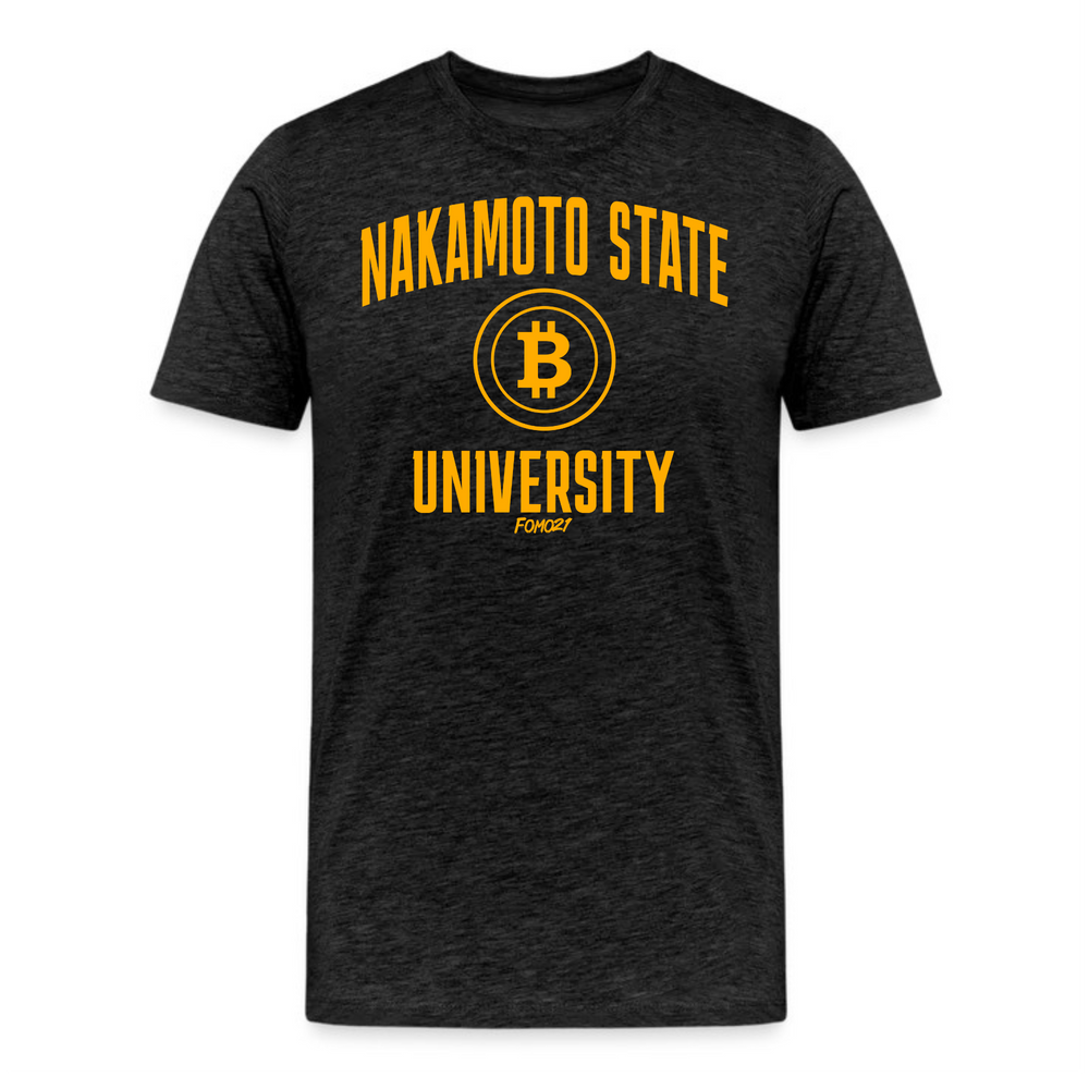 Nakamoto State University Bitcoin T-Shirt in Yellow on Dark Grey Heather