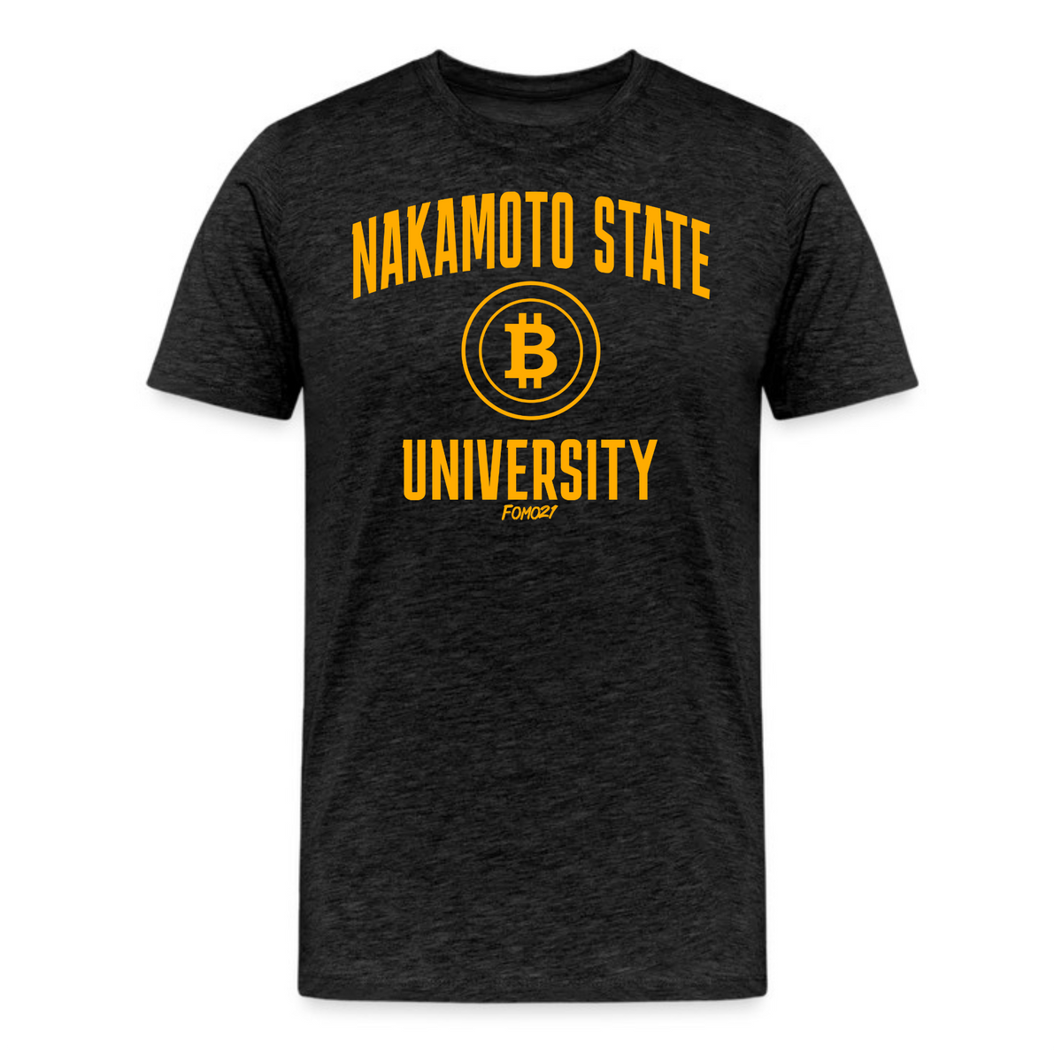 Nakamoto State University Bitcoin T-Shirt in Yellow on Dark Grey Heather