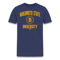 Load image into Gallery viewer, Nakamoto State University Bitcoin T-Shirt in Yellow on Heather Midnight Navy
