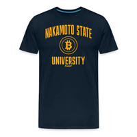 Load image into Gallery viewer, Nakamoto State University Bitcoin T-Shirt in Yellow on Navy Blue

