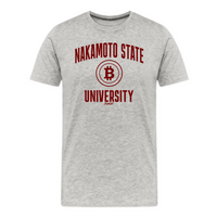 Load image into Gallery viewer, Athletic Heather Nakamoto State University red Bitcoin t-shirt with bold collegiate lettering
