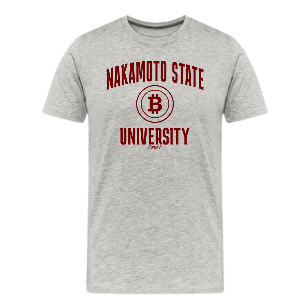Athletic Heather Nakamoto State University red Bitcoin t-shirt with bold collegiate lettering