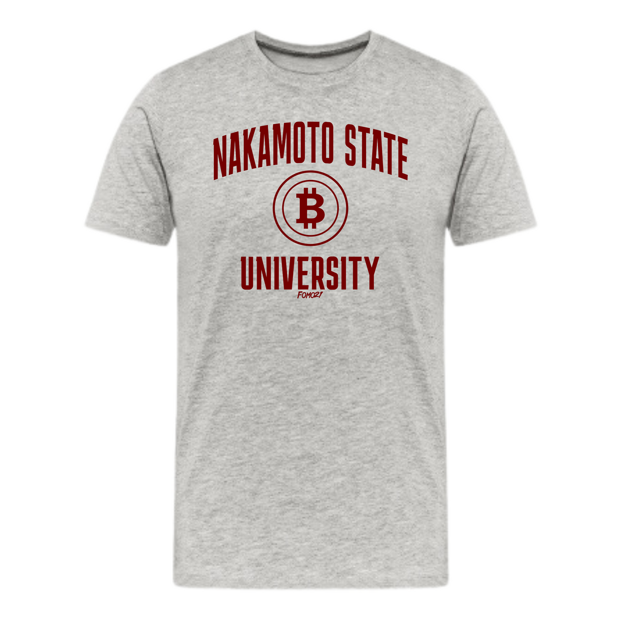 Athletic Heather Nakamoto State University red Bitcoin t-shirt with bold collegiate lettering