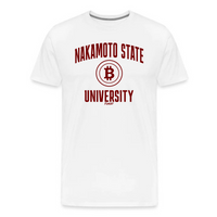 Load image into Gallery viewer, White Nakamoto State University red Bitcoin t-shirt featuring classic university-style print
