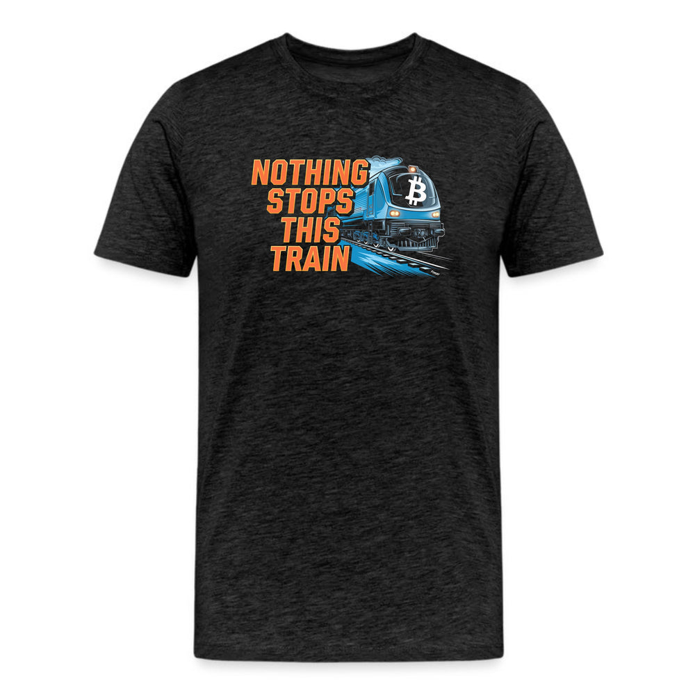 dark grey heather bitcoin t-shirt with nothing stops this train graphic and blue crypto train design