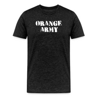 Load image into Gallery viewer, Orange Army Bitcoin T-Shirt in dark grey heather with bold stencil text
