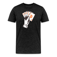 Load image into Gallery viewer, Dark grey heather t-shirt with a Bitcoin poker hand graphic
