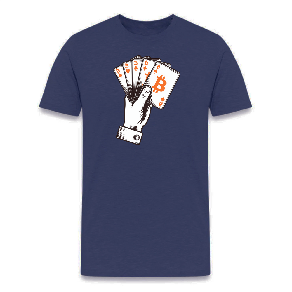 Navy t-shirt featuring a graphic of a poker hand holding Bitcoin cards