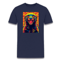 Load image into Gallery viewer, Heather navy t-shirt with colorful bitcoin-eyed honey badger in bold pop art style and retro sunburst backdrop
