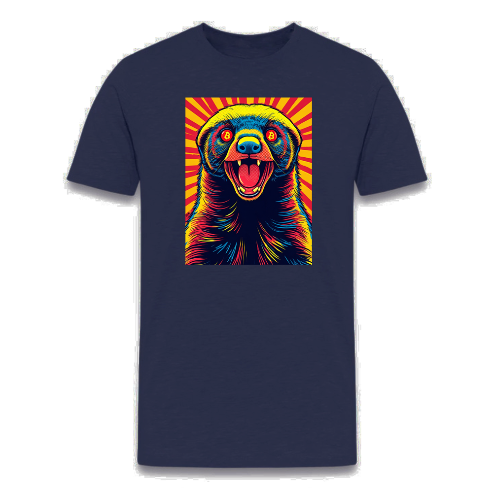 Heather navy t-shirt with colorful bitcoin-eyed honey badger in bold pop art style and retro sunburst backdrop