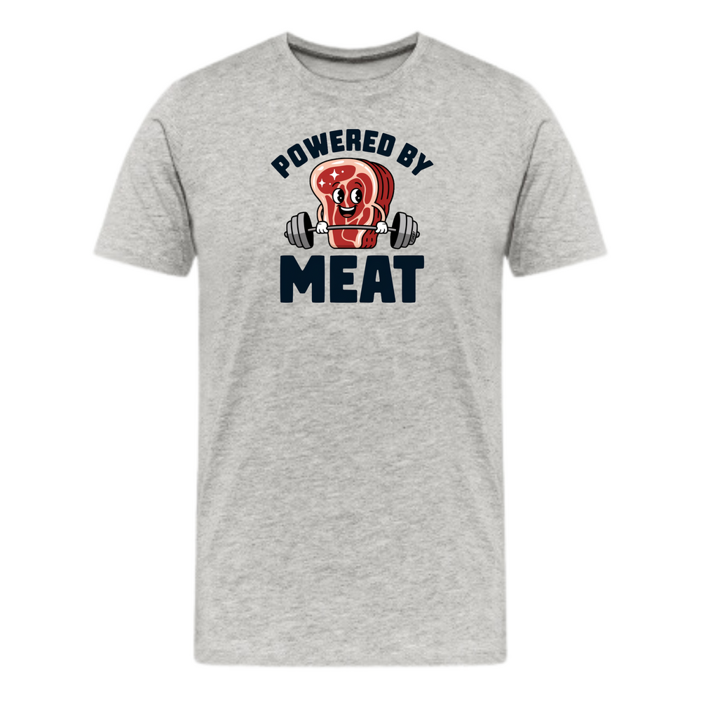 Powered by Meat Carnivore T-Shirt in athletic heather color, unisex design, short sleeve