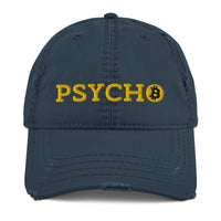 Load image into Gallery viewer, Psycho (Gold Embroidery) Bitcoin Distressed Dad Hat-Dad Hat-fomo21
