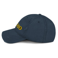 Load image into Gallery viewer, Psycho (Gold Embroidery) Bitcoin Distressed Dad Hat-Dad Hat-fomo21
