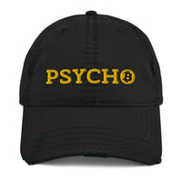 Load image into Gallery viewer, Psycho (Gold Embroidery) Bitcoin Distressed Dad Hat-Dad Hat-fomo21
