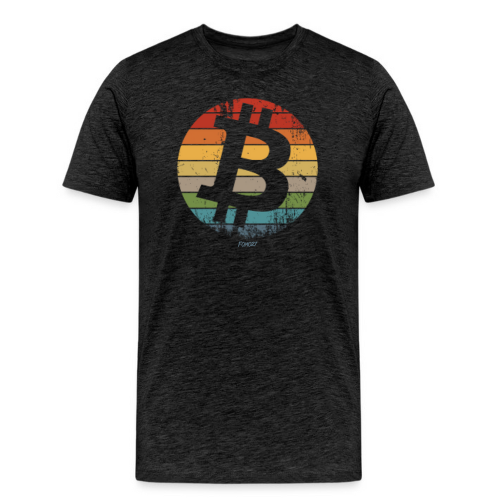 Retro Bitcoin T-Shirt in Dark Grey Heather with vintage Bitcoin logo design