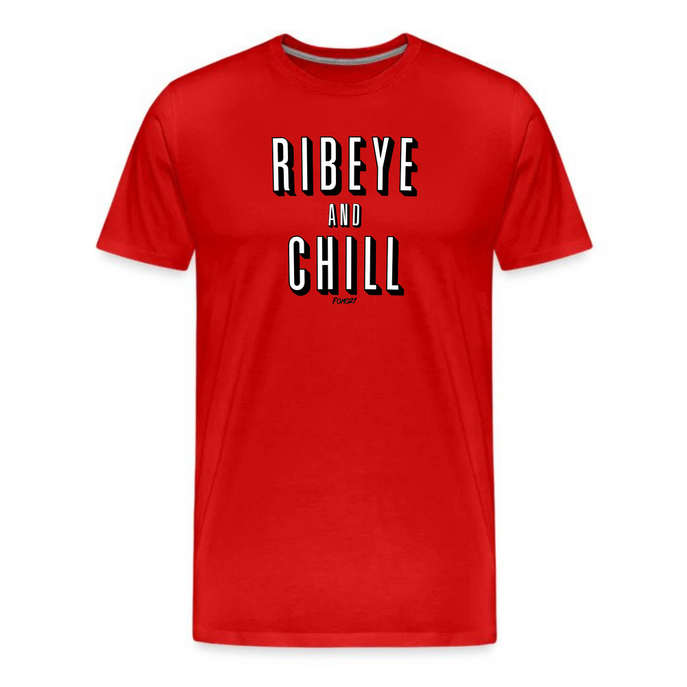 Ribeye and Chill Carnivore T-Shirt in red color, unisex design, short sleeve.