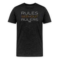 Load image into Gallery viewer, Dark grey heather Bitcoin t-shirt featuring &quot;Rules Without Rulers&quot; slogan in a modern, minimalist design.
