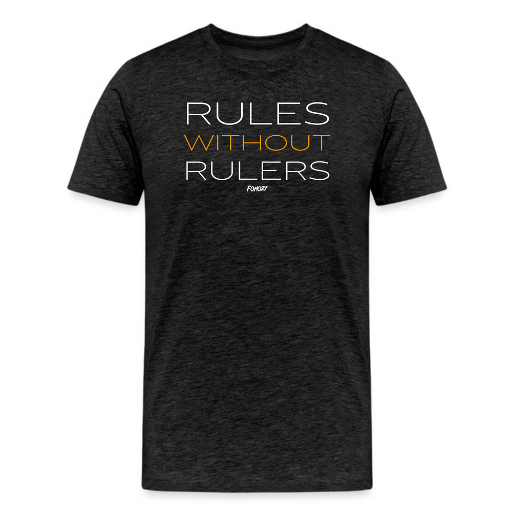 Dark grey heather Bitcoin t-shirt featuring "Rules Without Rulers" slogan in a modern, minimalist design.