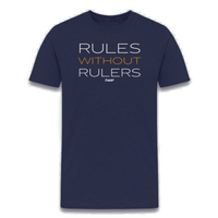 Load image into Gallery viewer, Navy Bitcoin t-shirt with &quot;Rules Without Rulers&quot; message, ideal for crypto enthusiasts seeking a bold, casual look.
