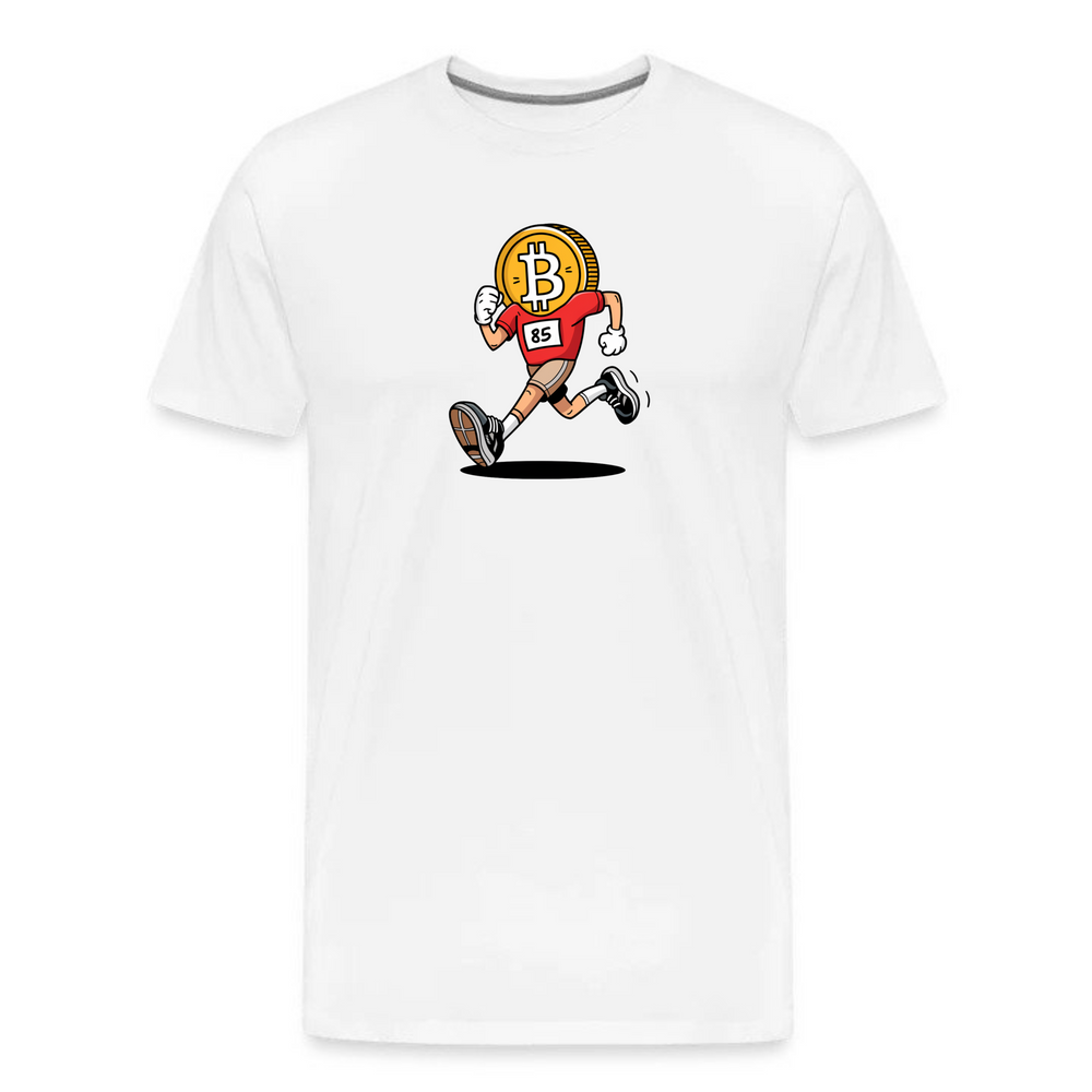 Running Bitcoin T-Shirt in white color with minimalist design, cryptocurrency-inspired casual apparel